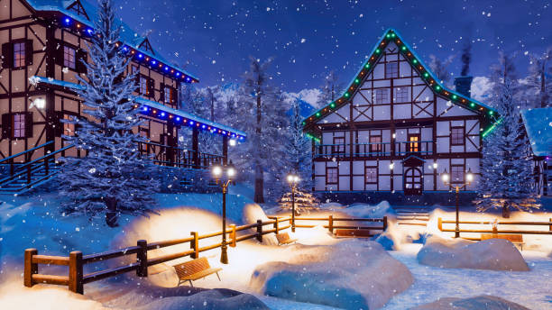 istock Alpine mountain township at snowfall winter night 1075123940