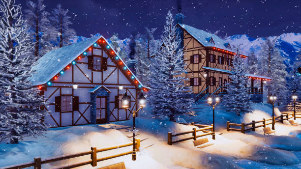 istock Snow covered alpine town at snowfall winter night 1075123988