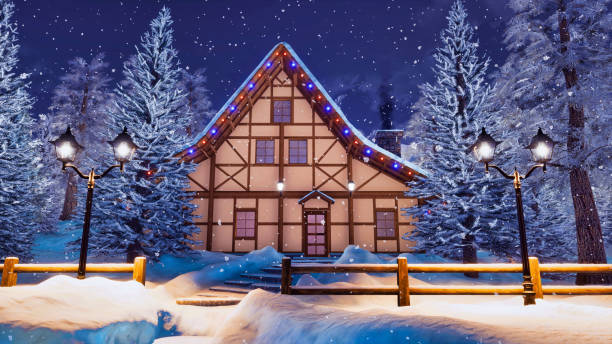 istock Cozy half-timbered house at snowfall winter night 1075124012