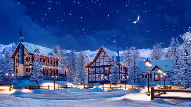 istock Illuminated mountain township at calm winter night 1075124198