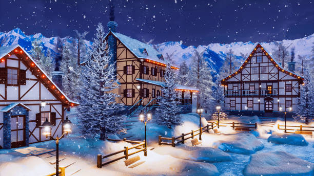 istock Snow covered alpine mountain town at winter night 1075124232