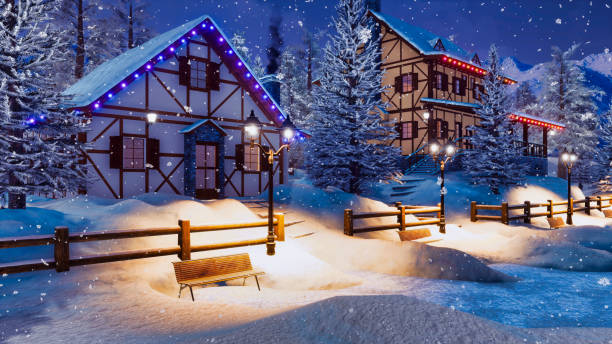 istock Alpine mountain village at snowfall winter night 1075125472