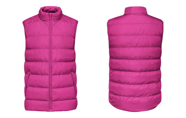 Blank template pink waistcoat down jacket sleeveless with zipped, front and back view isolated on white background. Mockup winter sport vest for your design stock photo