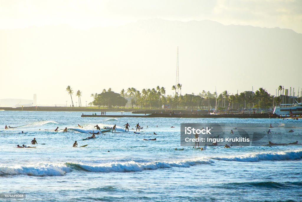 Many people surfing on surfboards Many people surfing on surfboards and SUP in the ocean near Hawaii islands in the Pacific Surfing Stock Photo