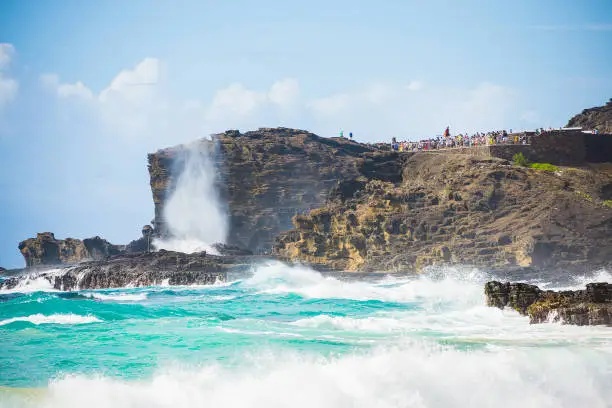 Nakalele Blowhole in Maui Hawaii, produces powerful geyser-like water spouts with the waves and tides. Water spewed from the blowhole can rise as high as 100 feet in the air.