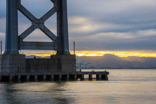 june 21, 2017, usa. beautiful view of the bay bridge pylon in san francisco - retro revival marin county california usa imagens e fotografias de stock