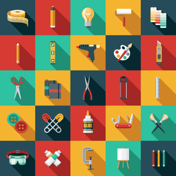 Flat Design Craft Supplies Icon Set A flat design styled craft supplies icon with a long side shadow. Color swatches are global so it’s easy to edit and change the colors. ruler illustrations stock illustrations