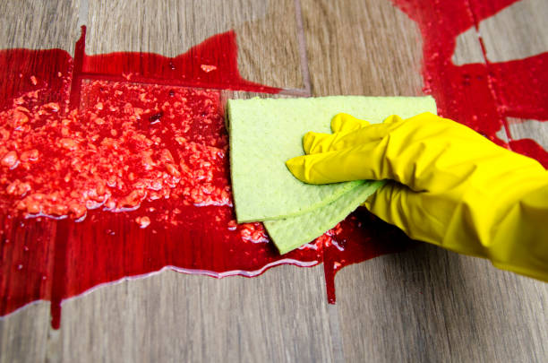 limpiar el piso de parquet en guantes de protección. rojo asqueroso vómito húmedo retire los paños de limpieza. extraño cierre foto - the vomiting of blood fotografías e imágenes de stock