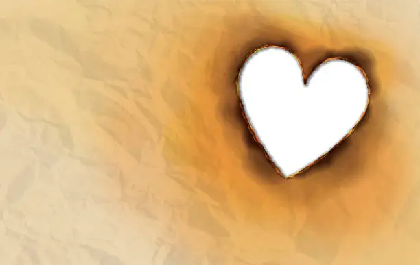 Vector illustration of Burned Wrinkled Paper Grunge Hole Heart Love Marriage Breakup