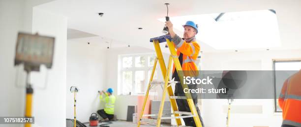 Electric House Rewire Stock Photo - Download Image Now - Electrician, Lighting Equipment, Electricity