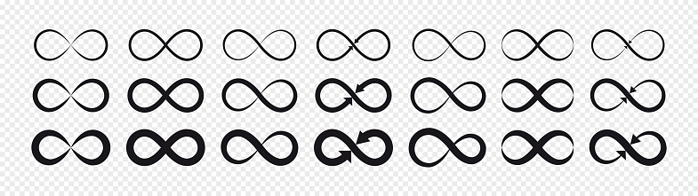 Vector illustration flat design of black infinity symbols and signs silhouettes.