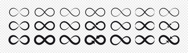 Set of black infinity symbols and signs silhouettes. Isolated on transparent background. Vector illustration flat design of black infinity symbols and signs silhouettes. infinity stock illustrations