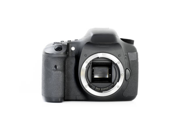 istock Photo black camera on isolated white background 1075193616