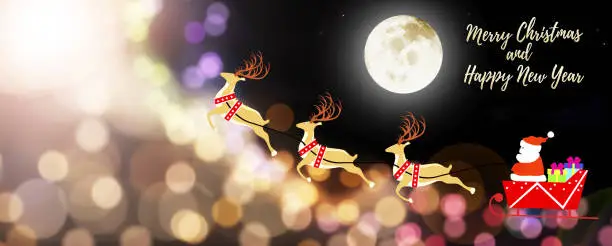 Illustration of Christmas and New year atmosphere with Santa and reindeer on golden bokeh and full moon night.Image of moon furnished by NASA.
