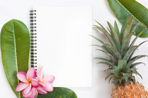 Tropical top view summer botanical concept still life pineapple notebook frame with plumeria frangipani leaves flower flat lay layout