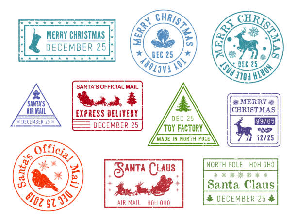 Christmas post, Santa Claus mail stamps Santa Claus mail stamps. Vector deer and snowflakes, gingerbread man and sleigh, Christmastree and bullfinch. Post, postcard and letter element, direction or address, toy factory santa letter stock illustrations