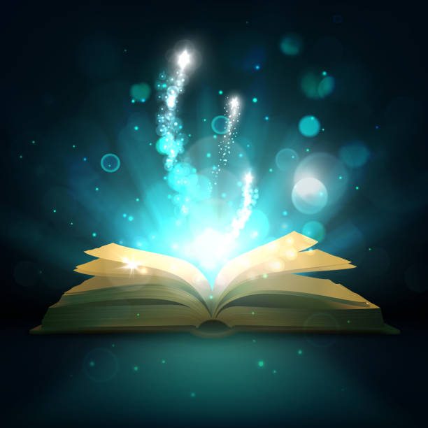 Open magic book, vector light sparkles Magic book with light sparkles and shine. Vector fairy tale book with open pages, magic shiny stars light and sparkling fireworks on mystic bokeh rays background book backgrounds stock illustrations