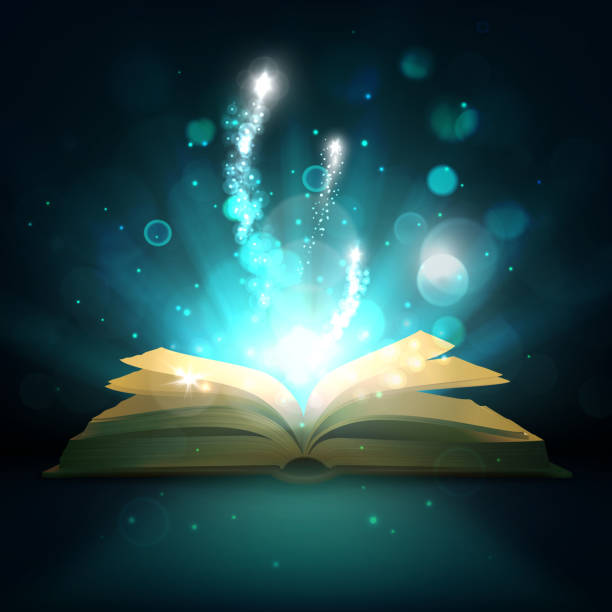 Open magic book, vector light sparkles Magic book with light sparkles and shine. Vector fairy tale book with open pages, magic shiny stars light and sparkling fireworks on mystic bokeh rays background bible open stock illustrations