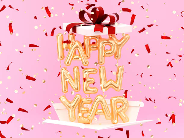 istock Happy New Year gold text gift box, 1075311770