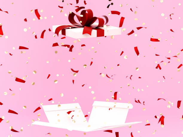 istock Opening Gift Box isolated confetti pink background, surprise concept 1075312958