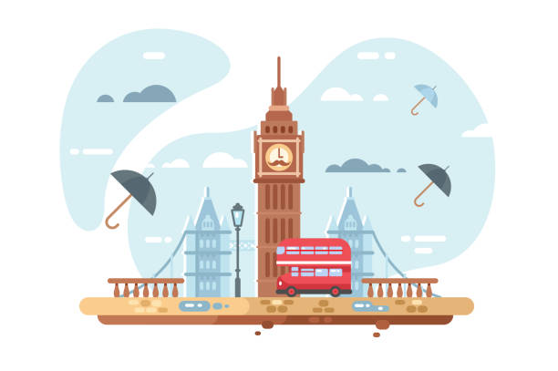London city skyline London city skyline vector illustration. Famous places of interest such as Big Ben tower and british double decker bus flat style concept. Clouds and umbrellas on background london england illustrations stock illustrations