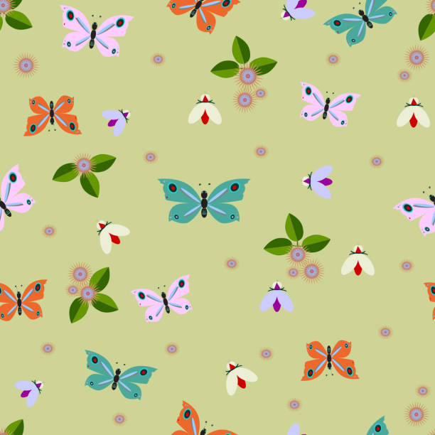 istock Seamless pattern of stylized leaves, flowers and butterflies, background 1075340566