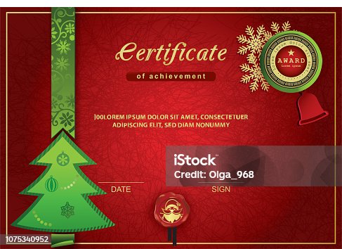istock Christmas certificate. Red green gold Christmas background 1075340952