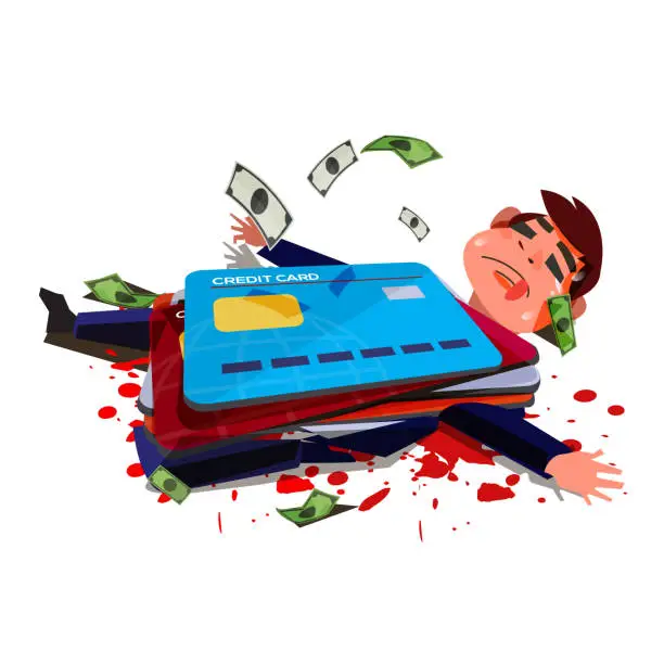 Vector illustration of Creditcard hitting over businessman. businessman die or injury because of creditcard. Credit Card Debt When You Die  - vector