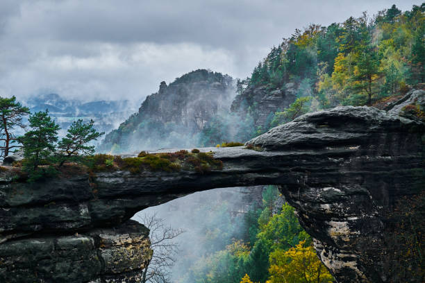 paisaje brumoso brumoso de pravcicka puerta (pravcicka brana) arco de la piedra arenisca natural más grande en europa en el parque nacional checa suiza (suiza bohemia o ceske svycarsko) - pravcicka fotografías e imágenes de stock