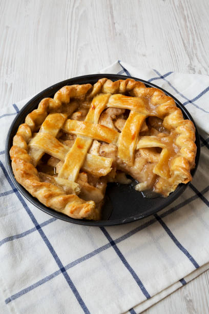 istock Homemade apple pie on white wooden background, low angle view. Close-up. 1075366062