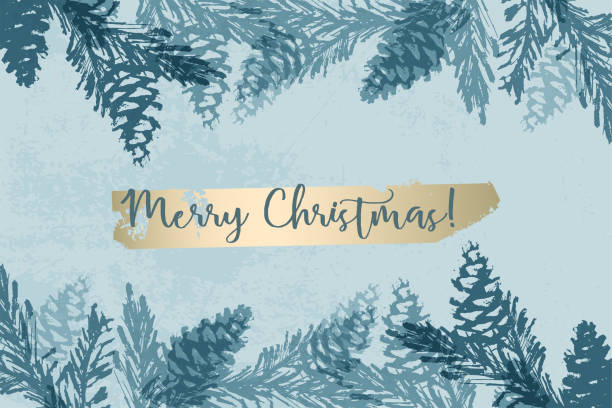 illustrazioni stock, clip art, cartoni animati e icone di tendenza di texture vettoriali di pittura a cono dell'albero di natale. motivo invernale botanico in oro bianco blu pastello alla moda - 1466