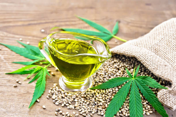 istock Oil hemp in sauceboat on board 1075376216