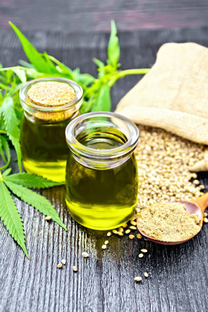 istock Oil hemp in two jars and flour in spoon on dark board 1075376222