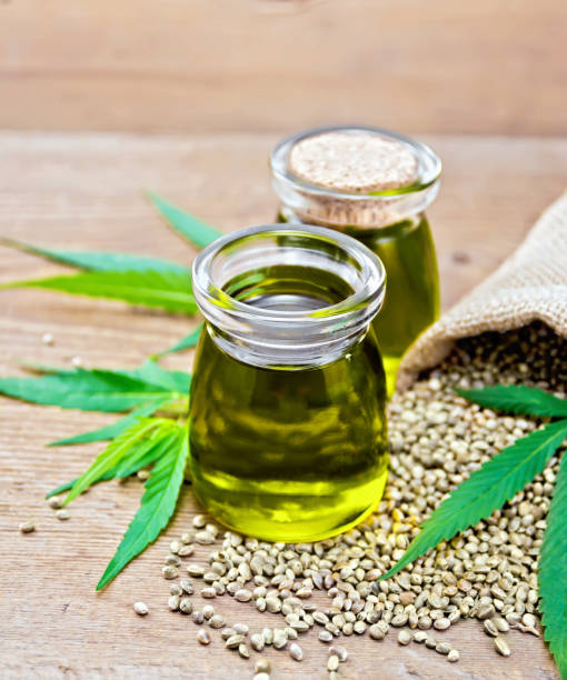 istock Oil hemp in two jars with sheet on old board 1075376404