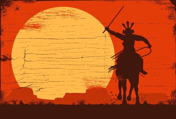 Silhouette of Japanese samurai warrior riding horse, Vector EPS 10 conflict illustrations stock illustrations
