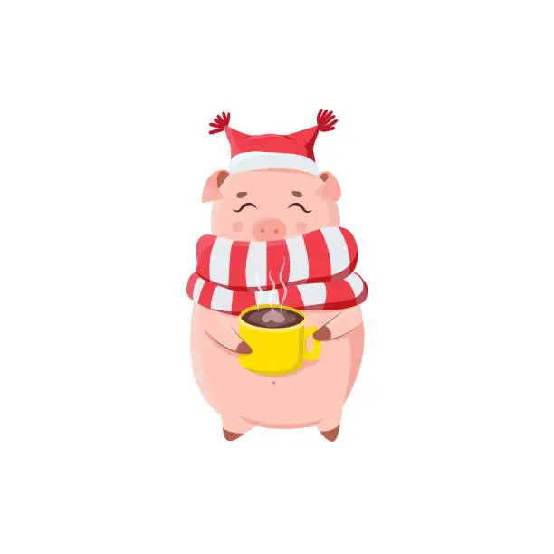 Vector illustration of Cute piggy holding cup with hot coffee isolated on white background.