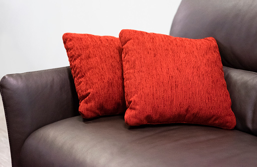 Red textile pillows on the leather couch