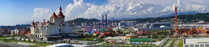 Sochi, Russia-June 9, 2014: Panorama of the city landscape with a view of the hotel in the form of a castle.