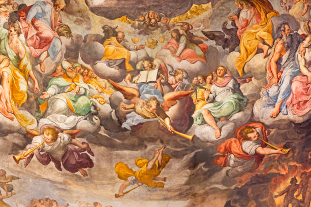 reggio emilia - szczegóły last judgment fresk w głównej apsida kościoła basilica di san prospero przez camillo procaccini (1585 - 1587). - judgement day obrazy zdjęcia i obrazy z banku zdjęć