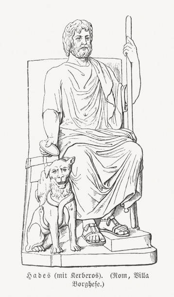 ilustraciones, imágenes clip art, dibujos animados e iconos de stock de dios griego hades con perro cerberus, grabado en madera, publicaron 1897 - zu hell
