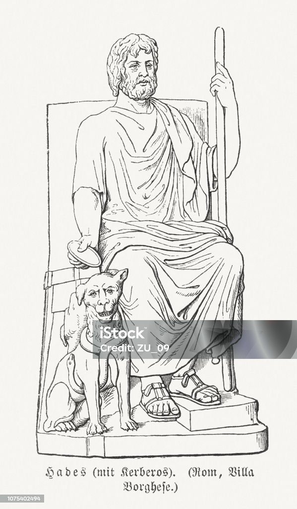 Greek god Hades with dog Cerberus, wood engraving, published 1897 Greek god of the dead and the king of the underworld Hades (Pluto) with his dog Cerberus. Wood engraving after an ancient sculpture in the Villa Borghese, Rome, Italy, published in 1897. Dog stock illustration