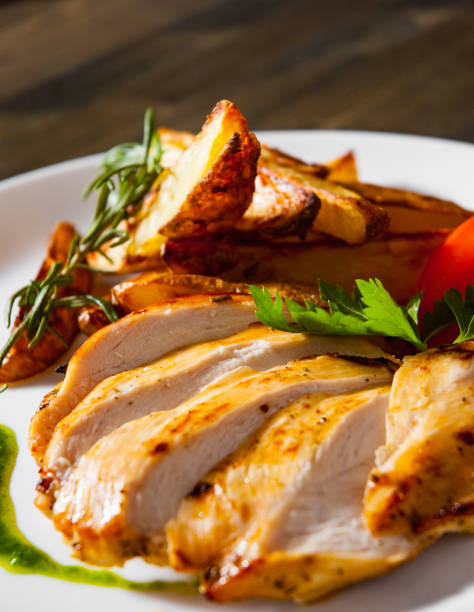istock Grilled chicken breast with potato in a plate on wooden table 1075403696