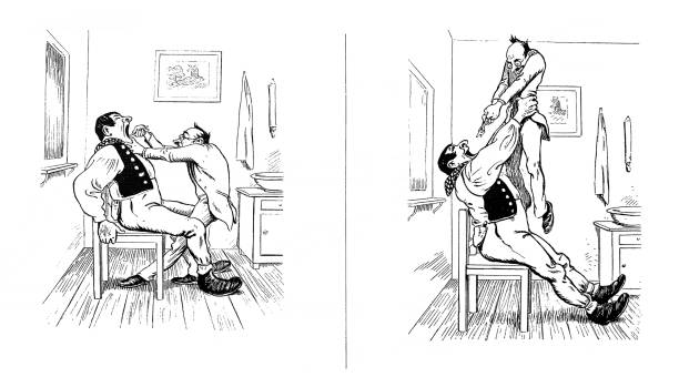 illustrazioni stock, clip art, cartoni animati e icone di tendenza di una storia divertente dal dentista. il dentista tira fuori i denti del gigante - 1896 - 1896