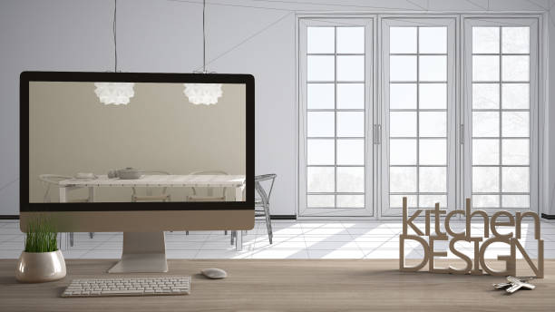 istock Architect designer project concept, wooden table with house keys, 3D letters words kitchen design and desktop showing draft, blueprint CAD sketch in the background, white interior design 1075412206