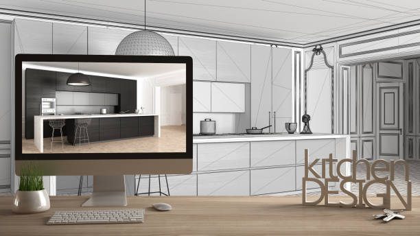 istock Architect designer project concept, wooden table with house keys, 3D letters words kitchen design and desktop showing draft, blueprint CAD sketch in the background, white interior design 1075412250