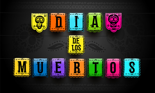 Mexican set of bunting for Day of the Dead. Dia de los Muertos. Hand drawing. For your design horizontal web banner, poster. Vector illustration. Isolated on black background.