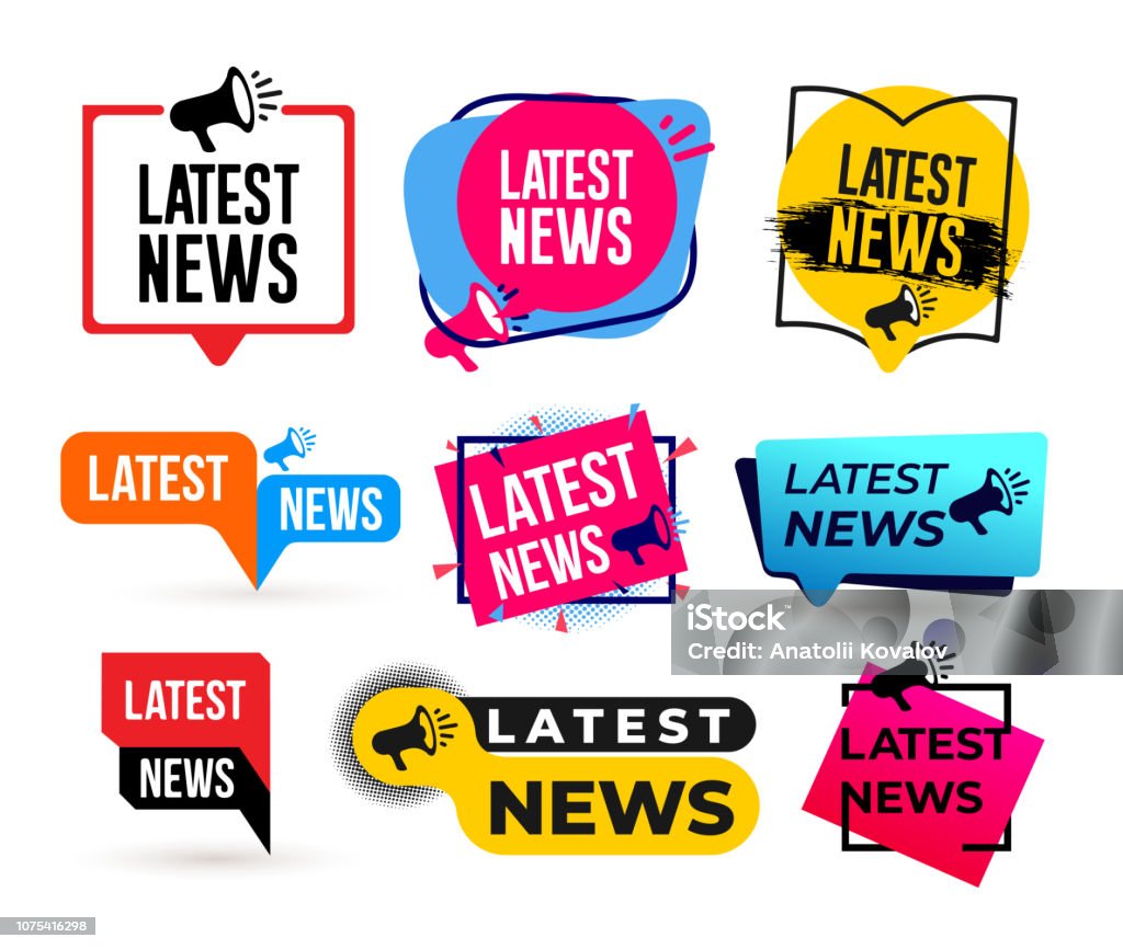 Big Set of Latest news megaphone label. Vector illustration. Isolated on white background. Newspaper stock vector