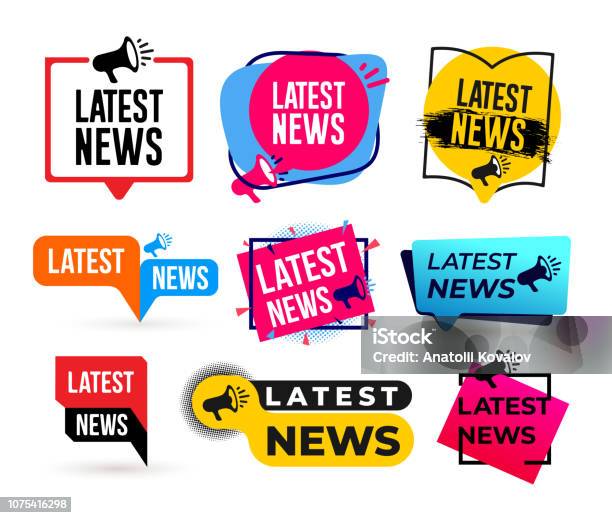 Big Set Of Latest News Megaphone Label Vector Illustration Isolated On White Background Stock Illustration - Download Image Now