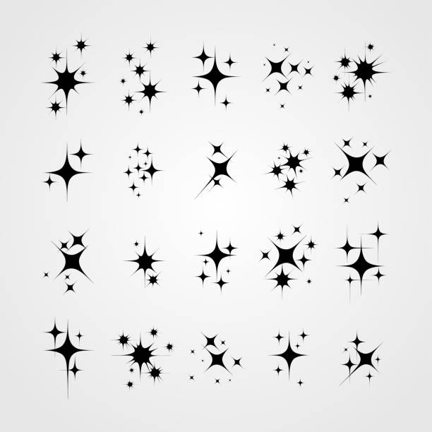 ilustrações, clipart, desenhos animados e ícones de conjunto de estrela cintilante e cintilação dos desenhos animados. brilhantes estrelas luz partículas pretas. ilustração em vetor. isolado no fundo branco. - square shape flash