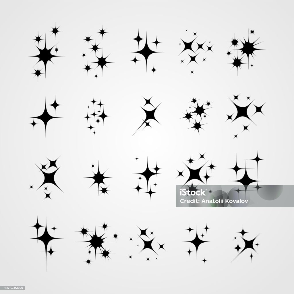 Set of star sparkling and twinkling cartoon. Black glittering star light particles. Vector illustration. Isolated on white background. Star Shape stock vector